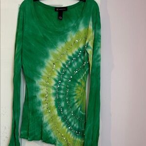 INC International Concepts Green Spiral Long Sleeve Top tie dye sequin details
